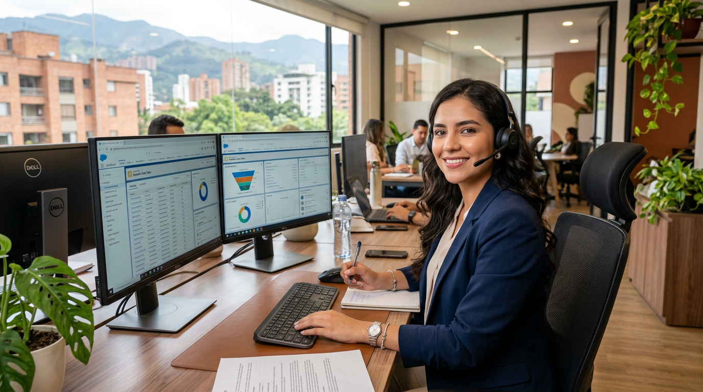 Latin American virtual assistant at a modern desk using a CRM dashboard — nearshore staffing agency placement in 2026