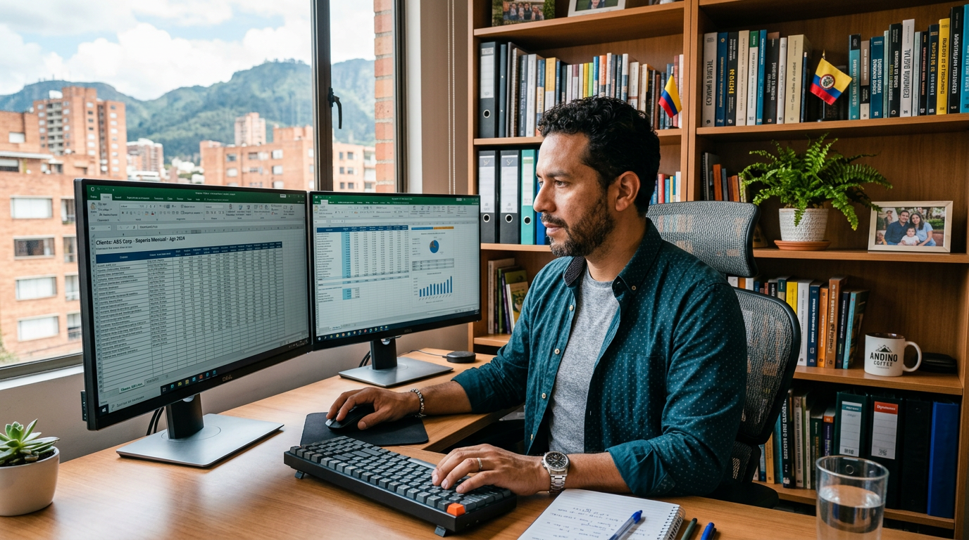 Nearshore Latin American virtual assistant reviewing financial spreadsheets for a US client — LATAM staffing agency placement