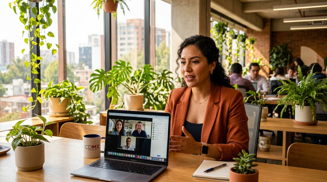 Latin American virtual assistant on a video call with a US client — nearshore latin america staffing agency in action