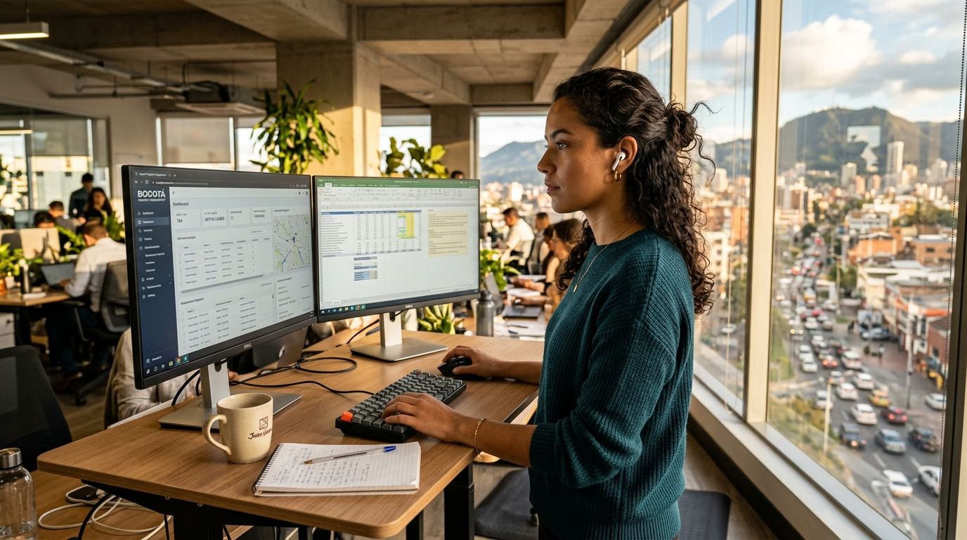 Latin American virtual assistant using property management software at a modern desk, representing latin america va services in 2026
