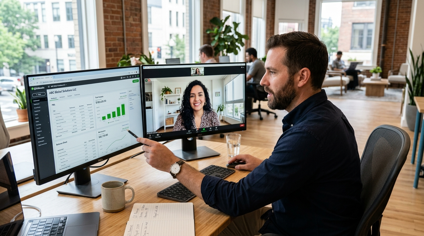 US business owner on video call with a Latin American VA reviewing QuickBooks financials, illustrating latin america va services in action