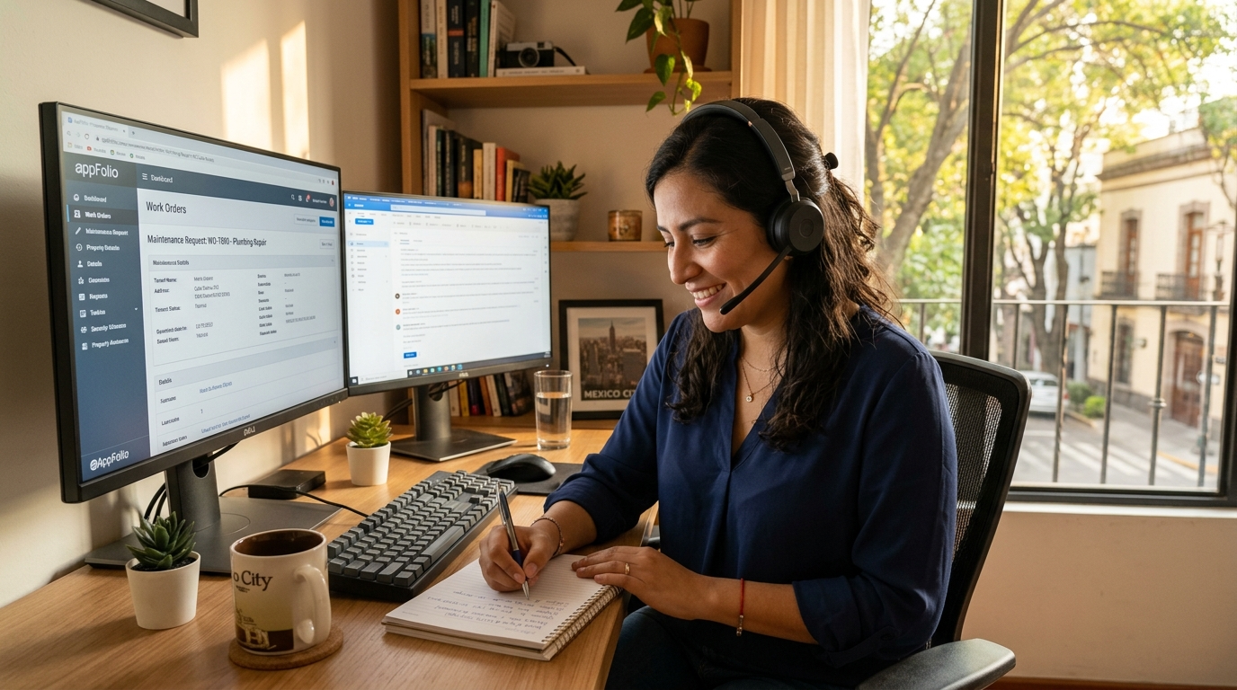 Latin American virtual assistant in Mexico City managing property work orders in AppFolio, showing nearshore VA services in practice