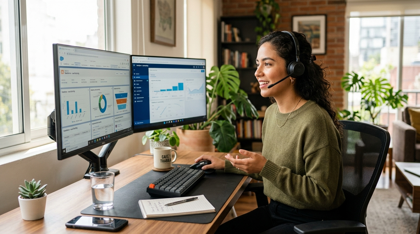 Latin American virtual assistant on a client call at a dual-monitor home office desk, CRM dashboard visible on screen