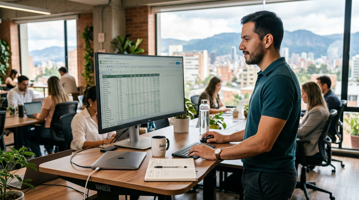 Latin American virtual assistant reviewing financial spreadsheet on widescreen monitor in a modern Bogotá co-working space