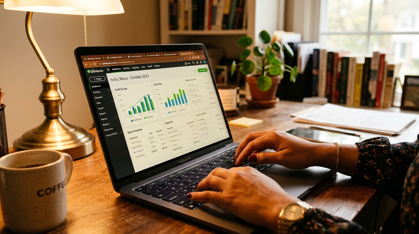 Latin American virtual assistant managing bookkeeping tasks in QuickBooks on a laptop in a home office