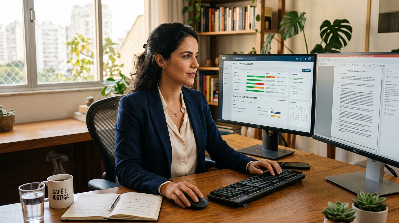Nearshore law firm virtual assistant reviewing legal documents on dual monitors during US business hours in a Latin American home office