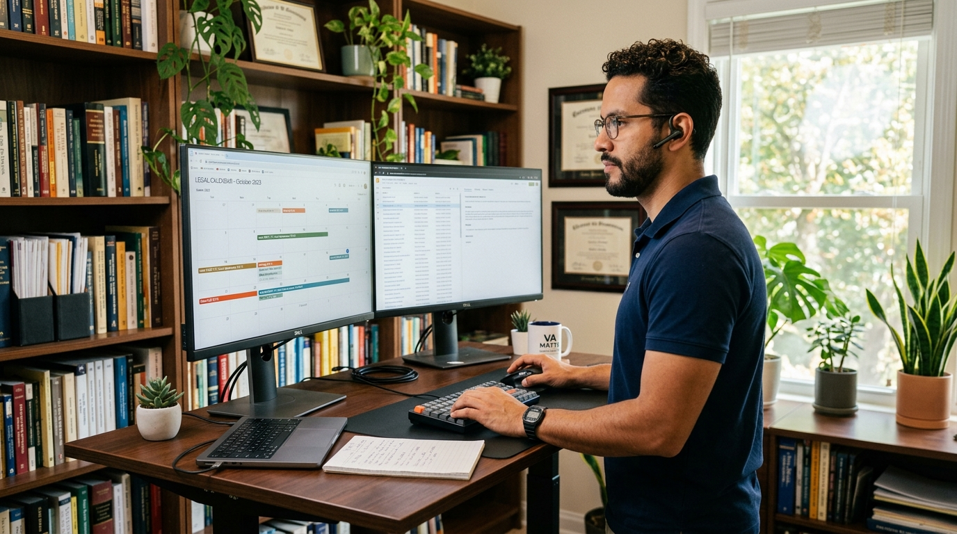 Nearshore virtual legal assistant managing law firm calendar and docket deadlines on dual monitors in Latin American home office