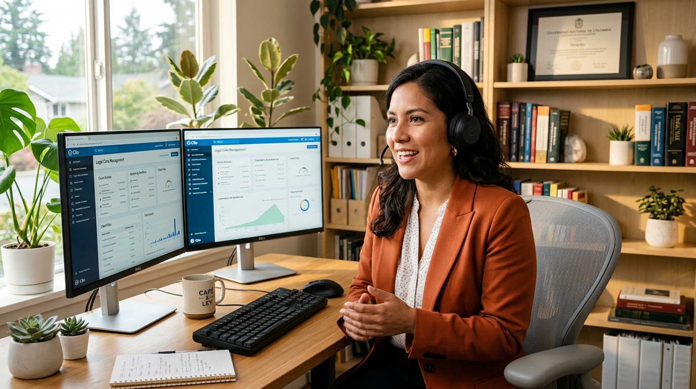 Nearshore virtual receptionist for a law firm reviewing client intake calls on a legal CRM dashboard in a modern home office