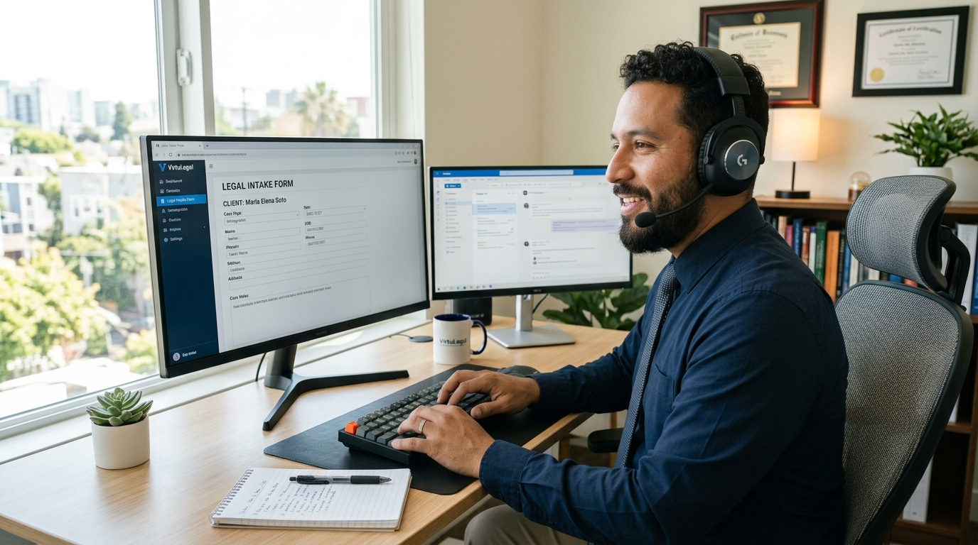 Law firm virtual receptionist handling client intake calls on a legal CRM with a headset, modern home office