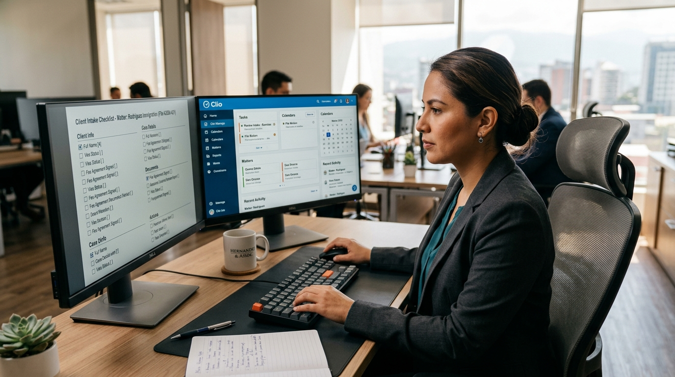 Virtual receptionist for a law firm updating Clio CRM with new client intake data during US business hours