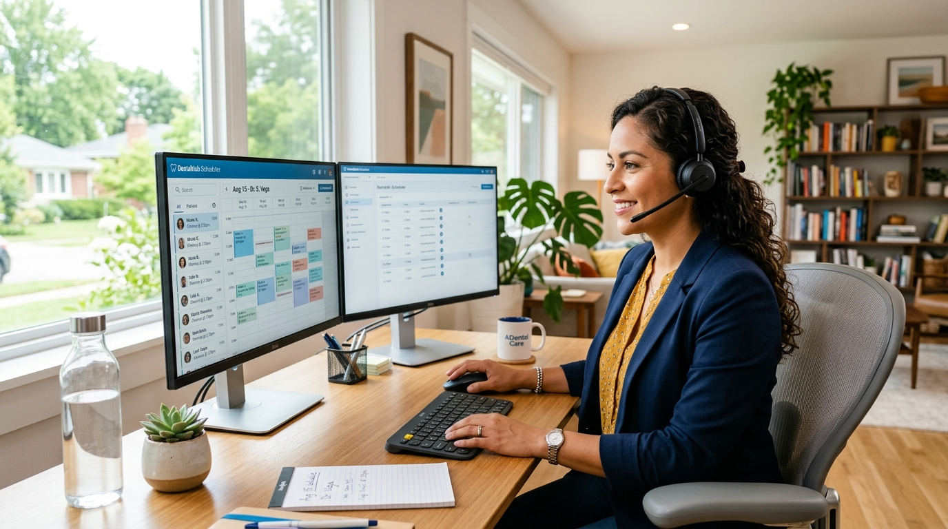 Latin American dental virtual assistant managing patient scheduling on dual monitors for a US dental practice in 2026