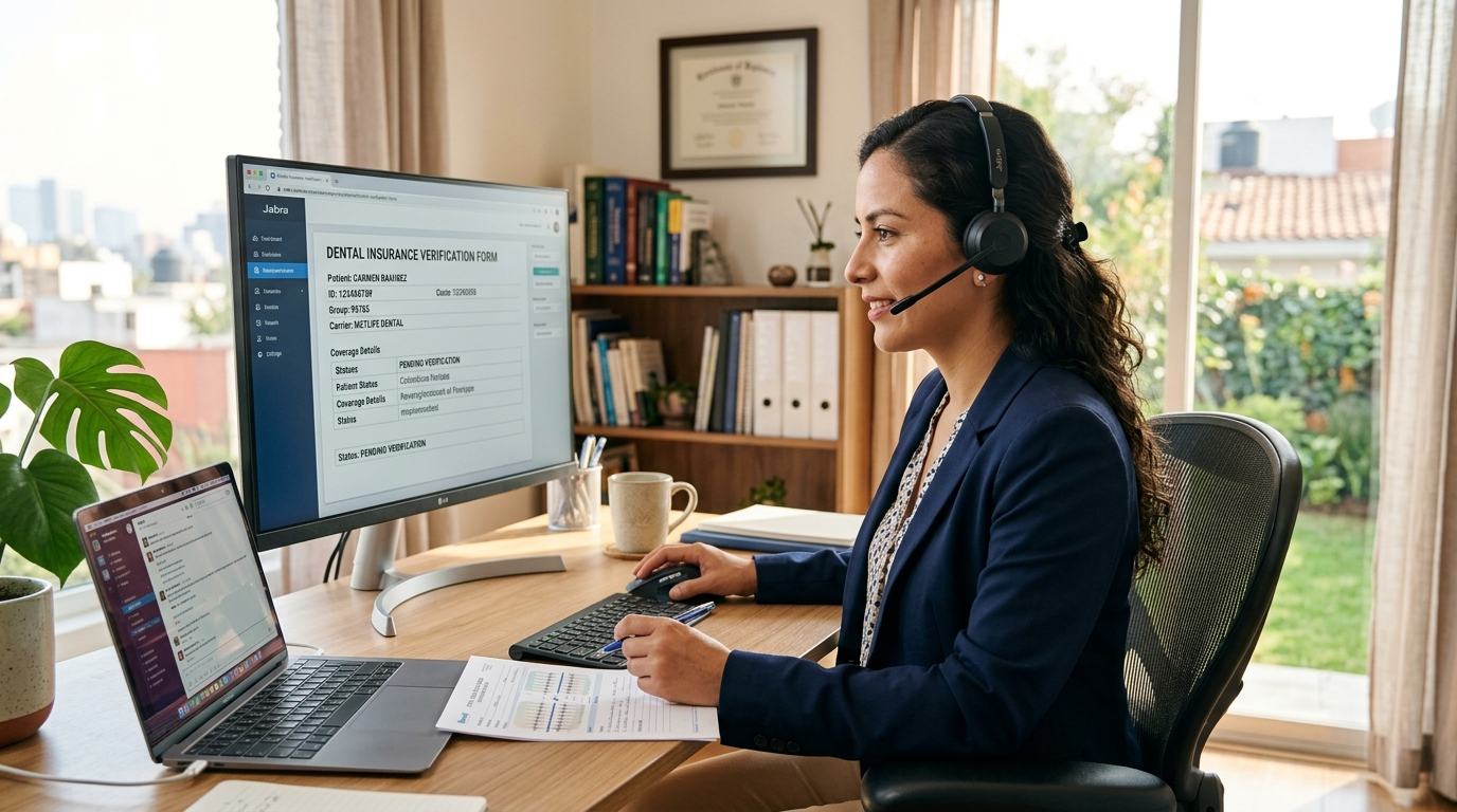 Nearshore dental virtual assistant verifying insurance eligibility for a US dental practice, real-time workflow