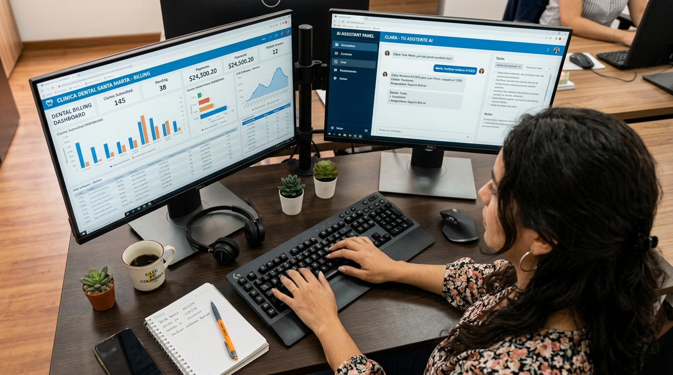 Dental virtual assistant using AI copilot tools alongside Dentrix billing software, nearshore model 2026