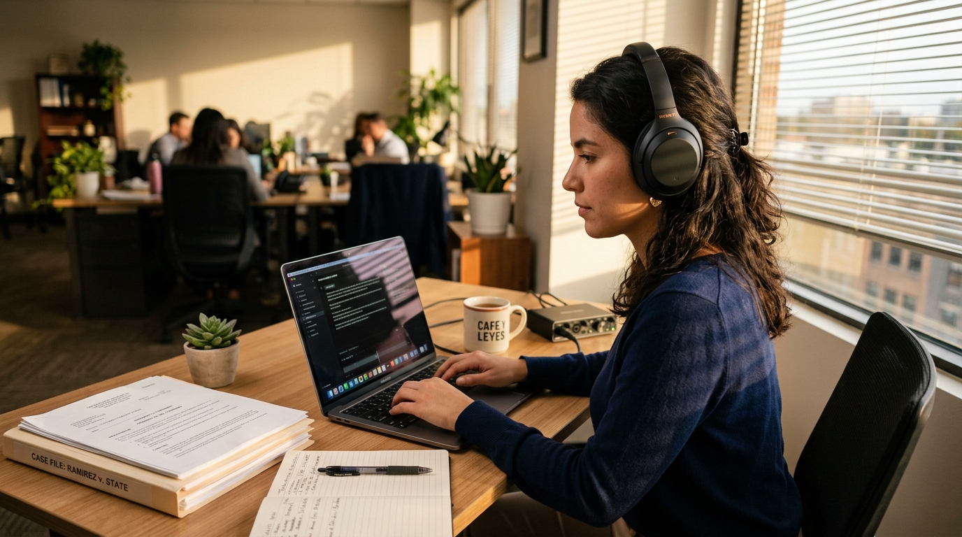 Latin American legal transcription virtual assistant wearing headphones transcribing deposition audio on a laptop in a well-lit home office