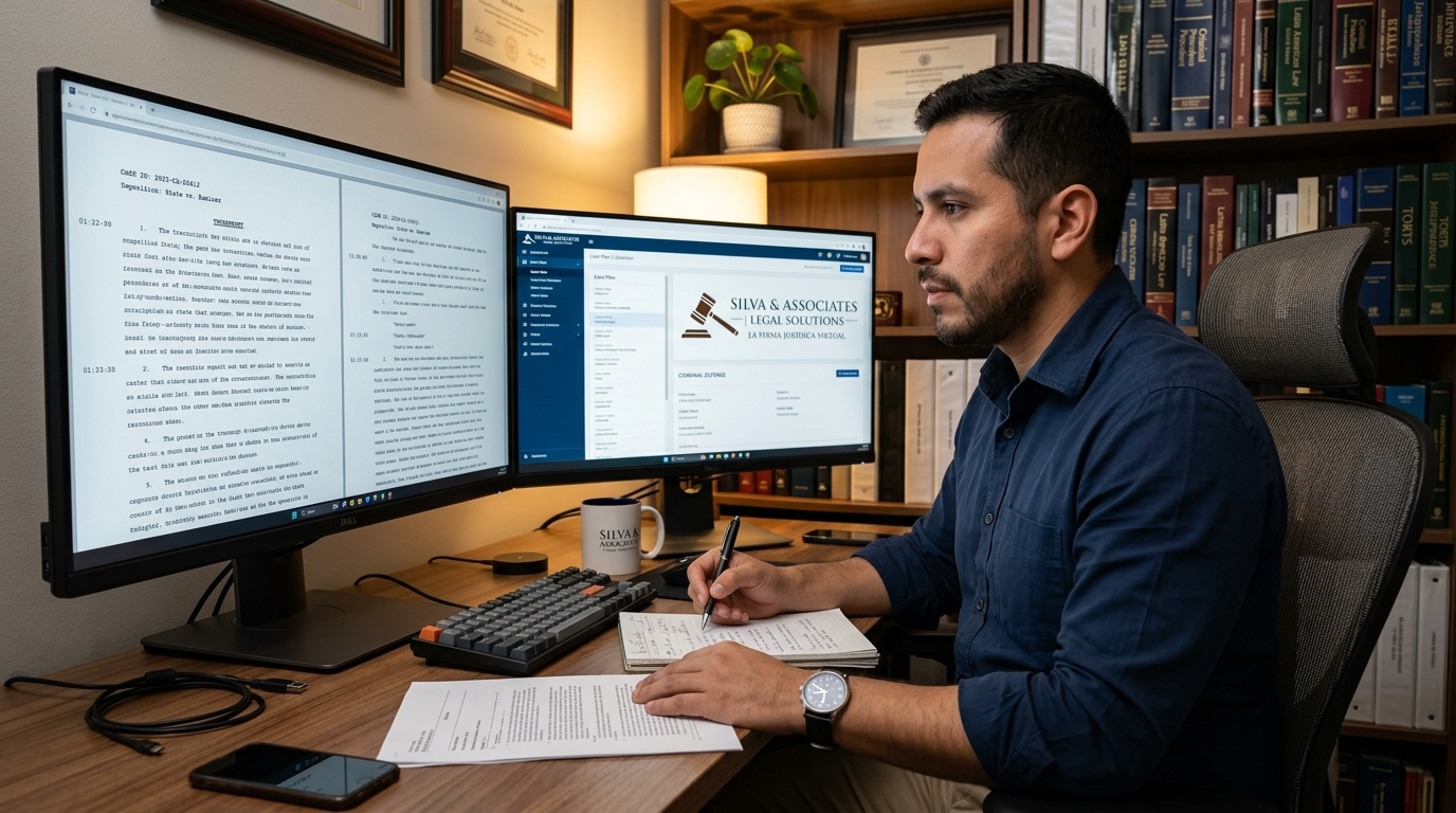 Nearshore legal transcription VA reviewing a deposition transcript on dual monitors in a professional home office setup