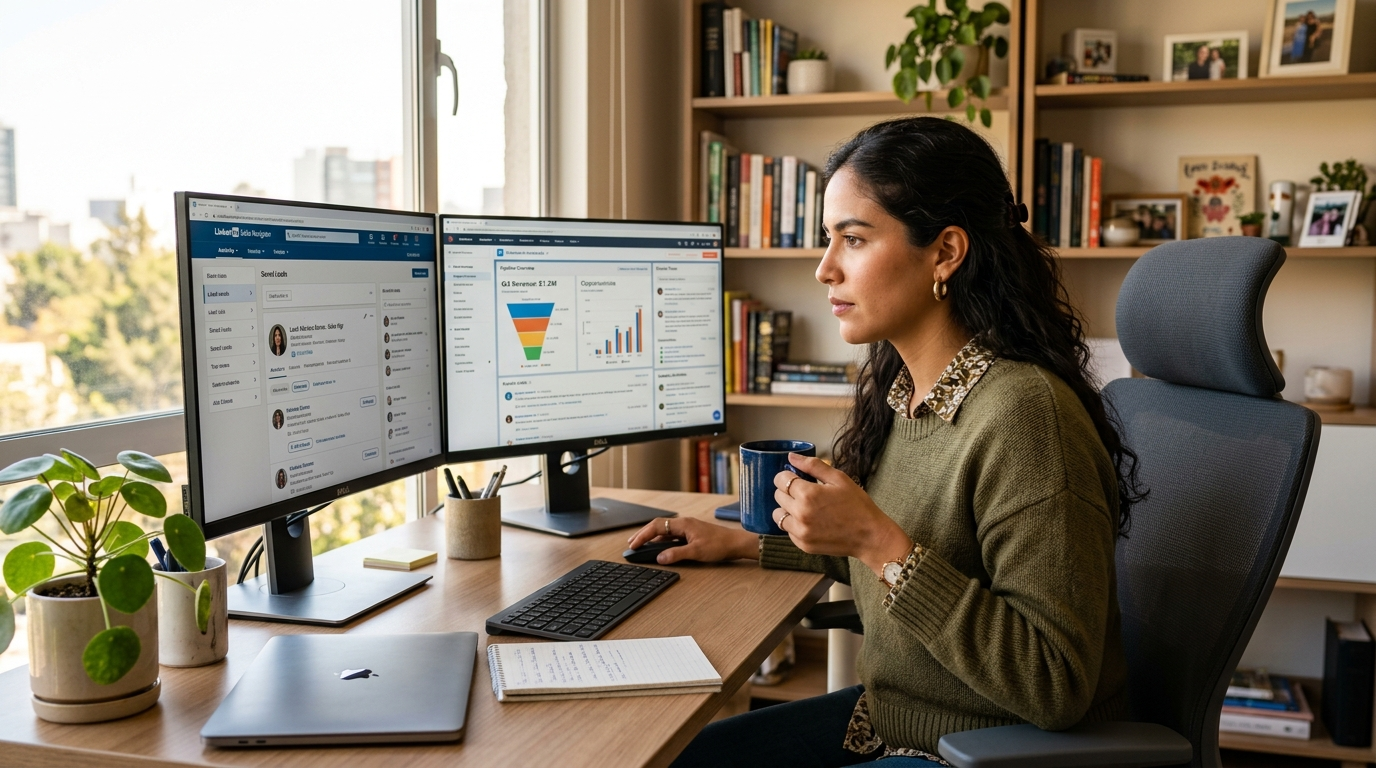 Latin American virtual assistant managing LinkedIn outreach campaigns on dual monitors showing Sales Navigator and CRM, 2026