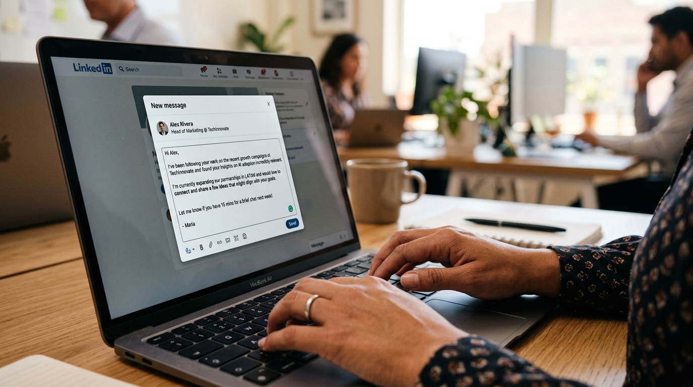 Nearshore VA composing a personalized LinkedIn outreach message for B2B lead generation in 2026