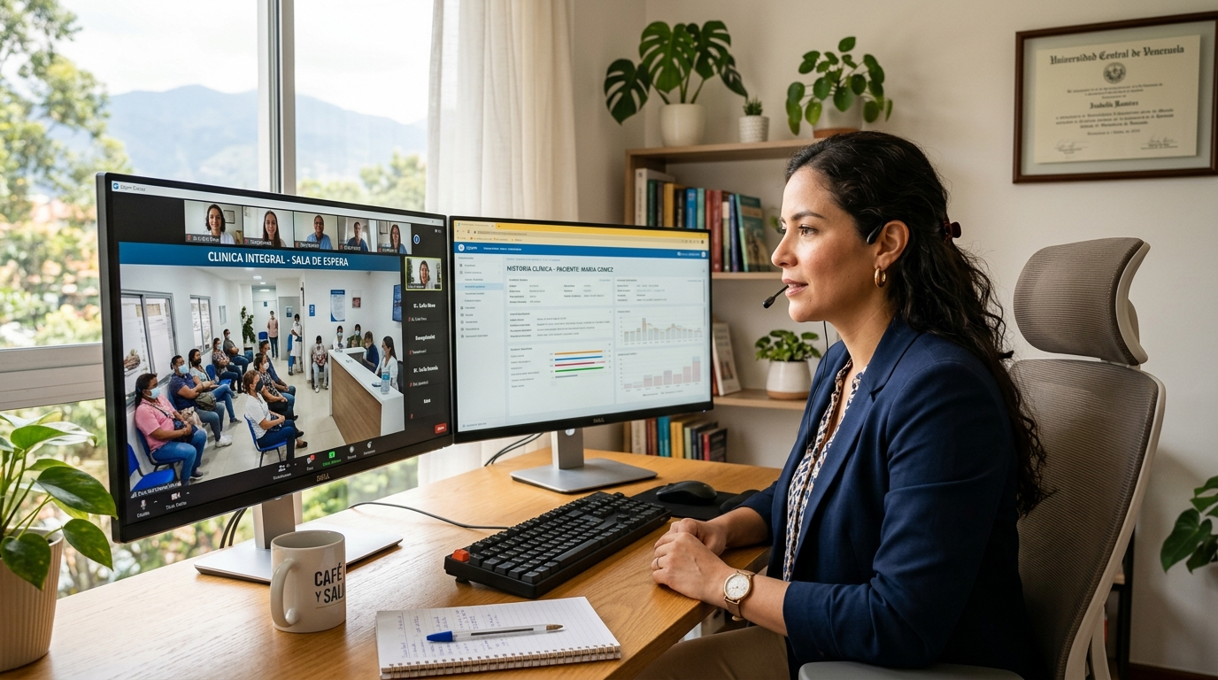 Nearshore live-streaming medical receptionist on video call managing a clinic front desk from a Latin American home office