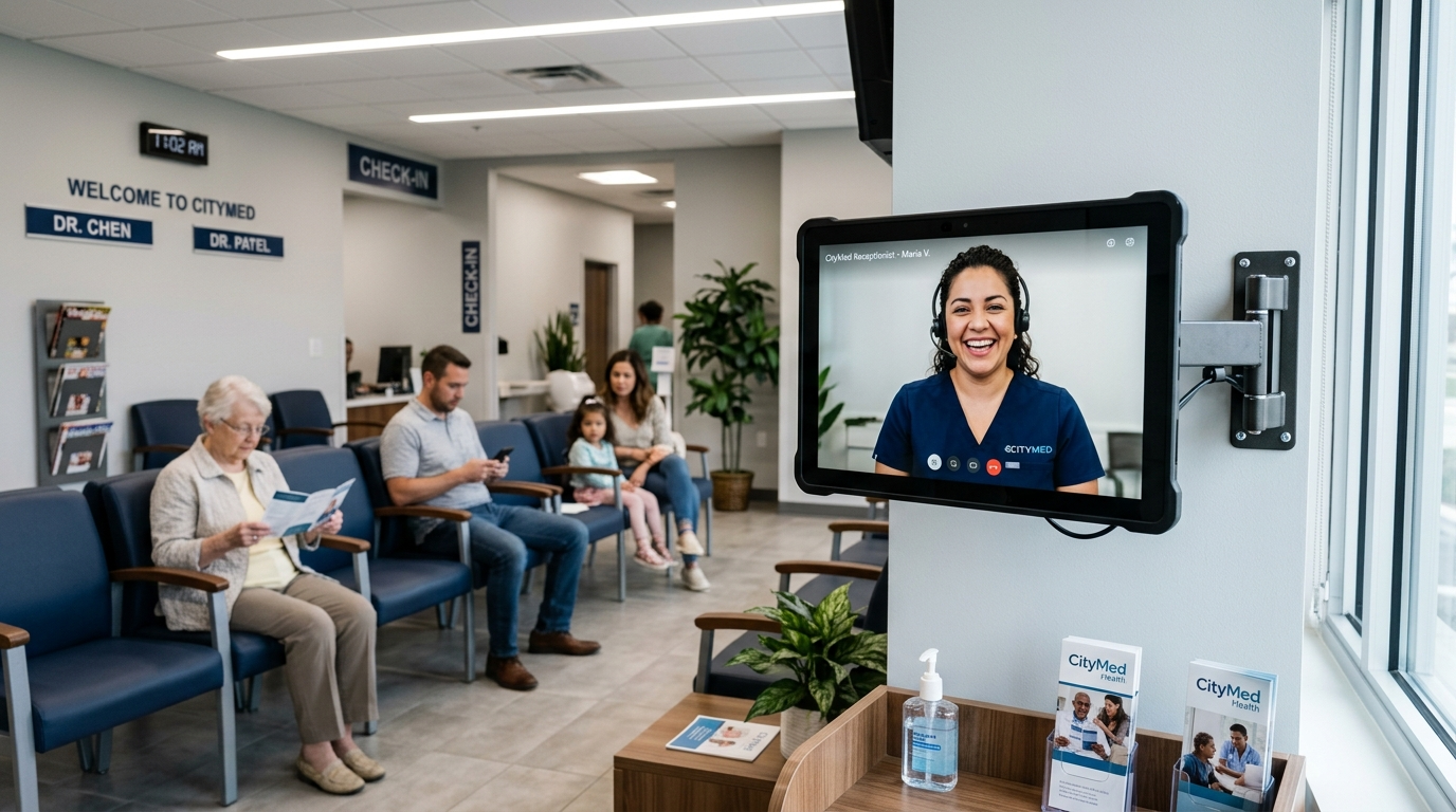Live-streaming medical receptionist appearing on a mounted clinic screen, greeting patients in a modern US medical waiting room