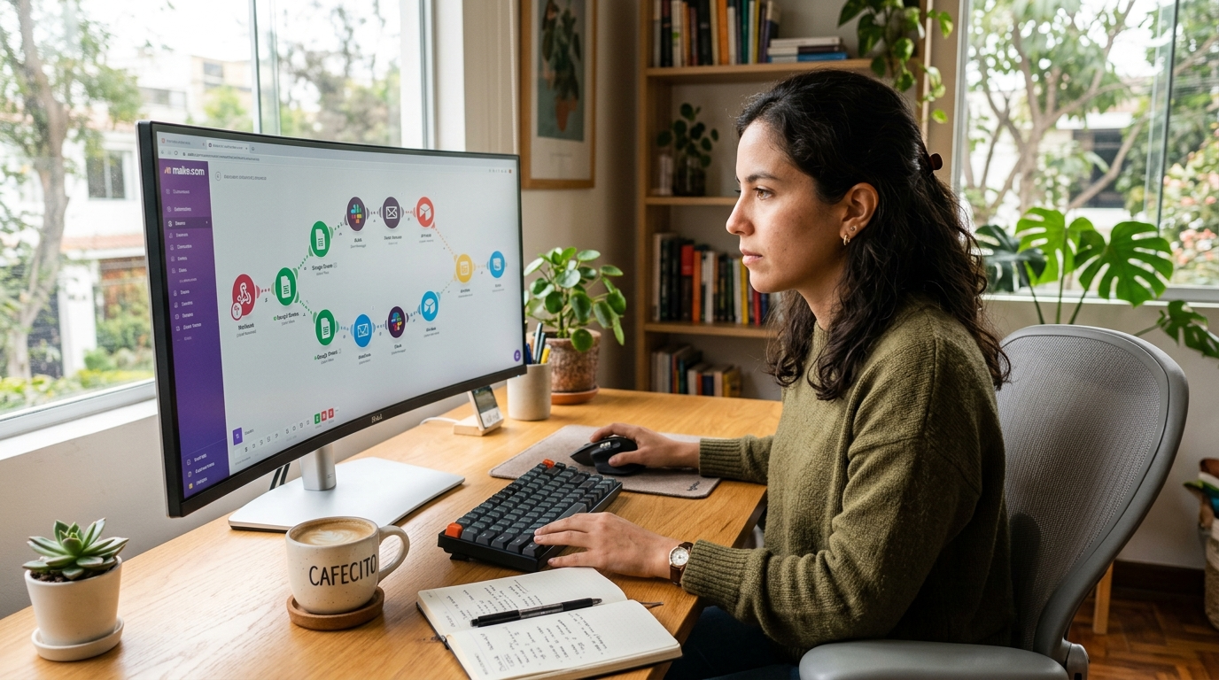 Nearshore Make.com automation virtual assistant building a workflow scenario on a monitor in a Latin American home office