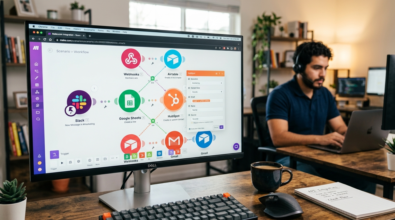Make.com automation scenario connecting Slack, Google Sheets, and HubSpot modules on a virtual assistant's monitor