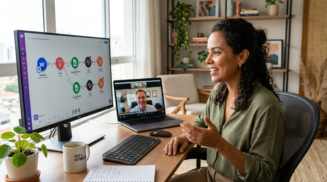 Nearshore Make.com automation VA on a video call with a US business client reviewing an automated workflow diagram