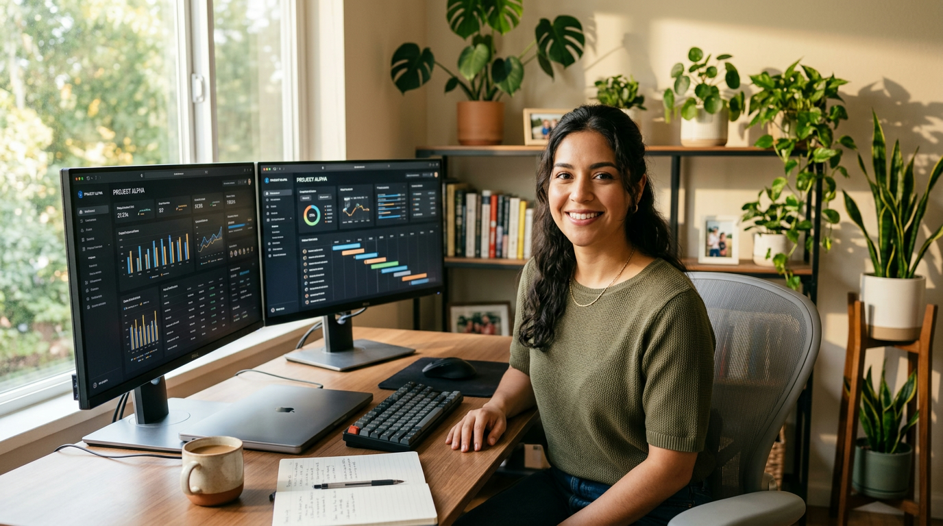 Latin American nearshore virtual assistant managing remote team productivity and work-life balance at a well-lit home office desk in 2026