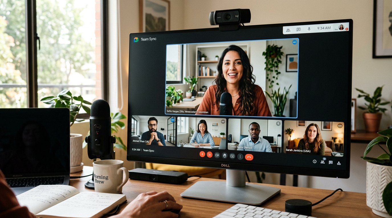 Nearshore Latin American virtual assistant on a morning team standup call, demonstrating time-zone-aligned remote team management