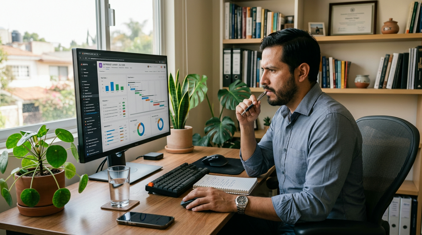 Nearshore virtual assistant reviewing productivity dashboard during US business hours, supporting remote team work-life balance