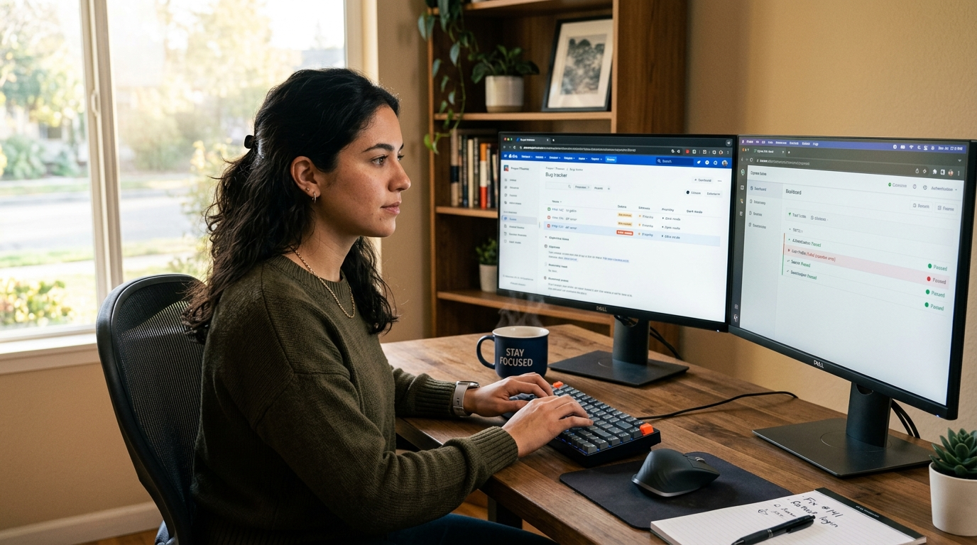 Nearshore manual QA testing virtual assistant reviewing bug reports on dual monitors in a Latin American home office, 2026