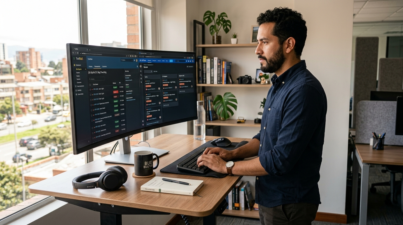 Nearshore manual QA testing virtual assistant logging bug reports in Jira and TestRail during a regression testing session