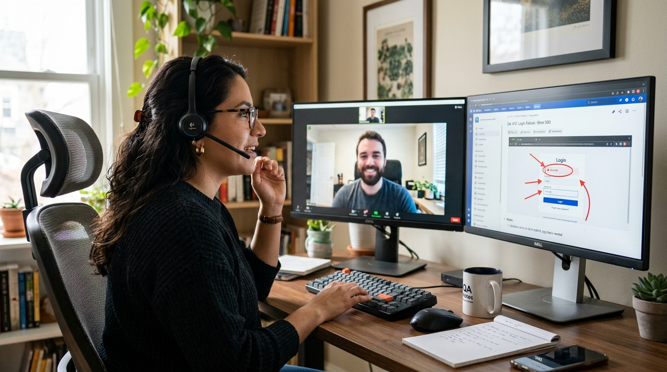 Nearshore QA virtual assistant on a video call with a developer reviewing an annotated bug report with reproduction steps