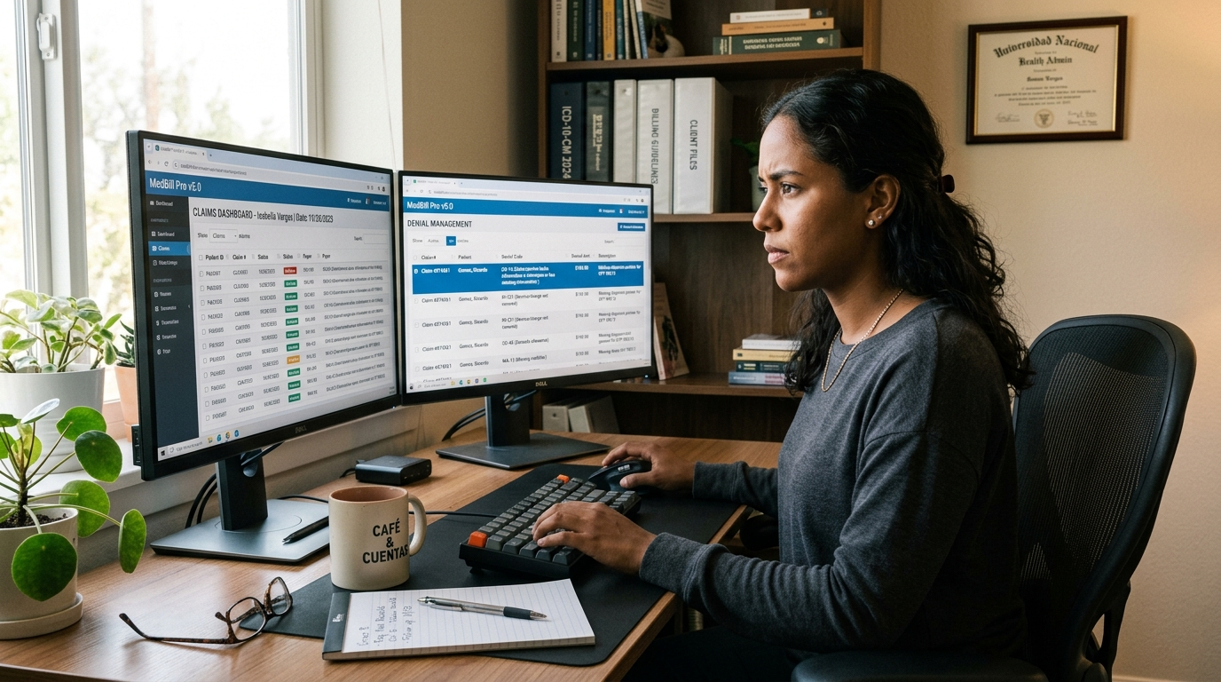 Nearshore virtual assistant managing medical billing denials on dual monitors showing claim rejection codes and payer follow-up queues
