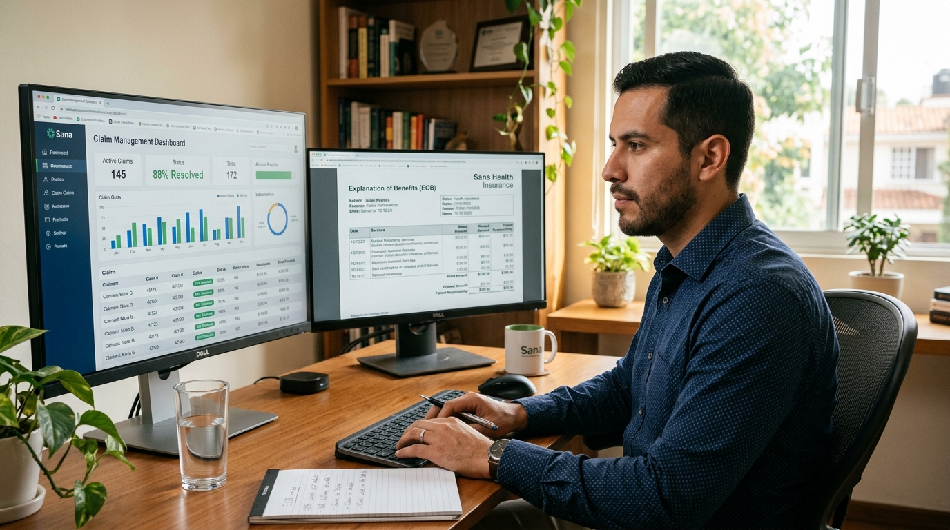 Nearshore medical billing VA reviewing insurance explanation of benefits and denied claims in billing software dashboard