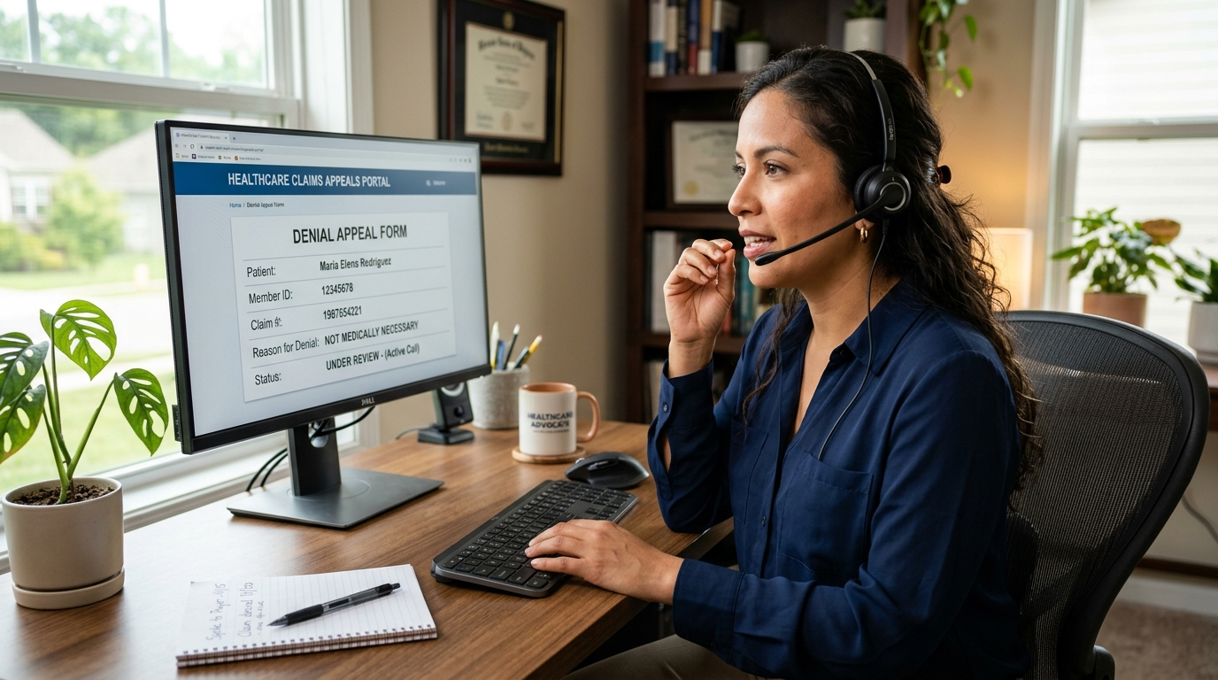 Nearshore medical billing denials VA on payer follow-up call while navigating insurance portal appeal submission form