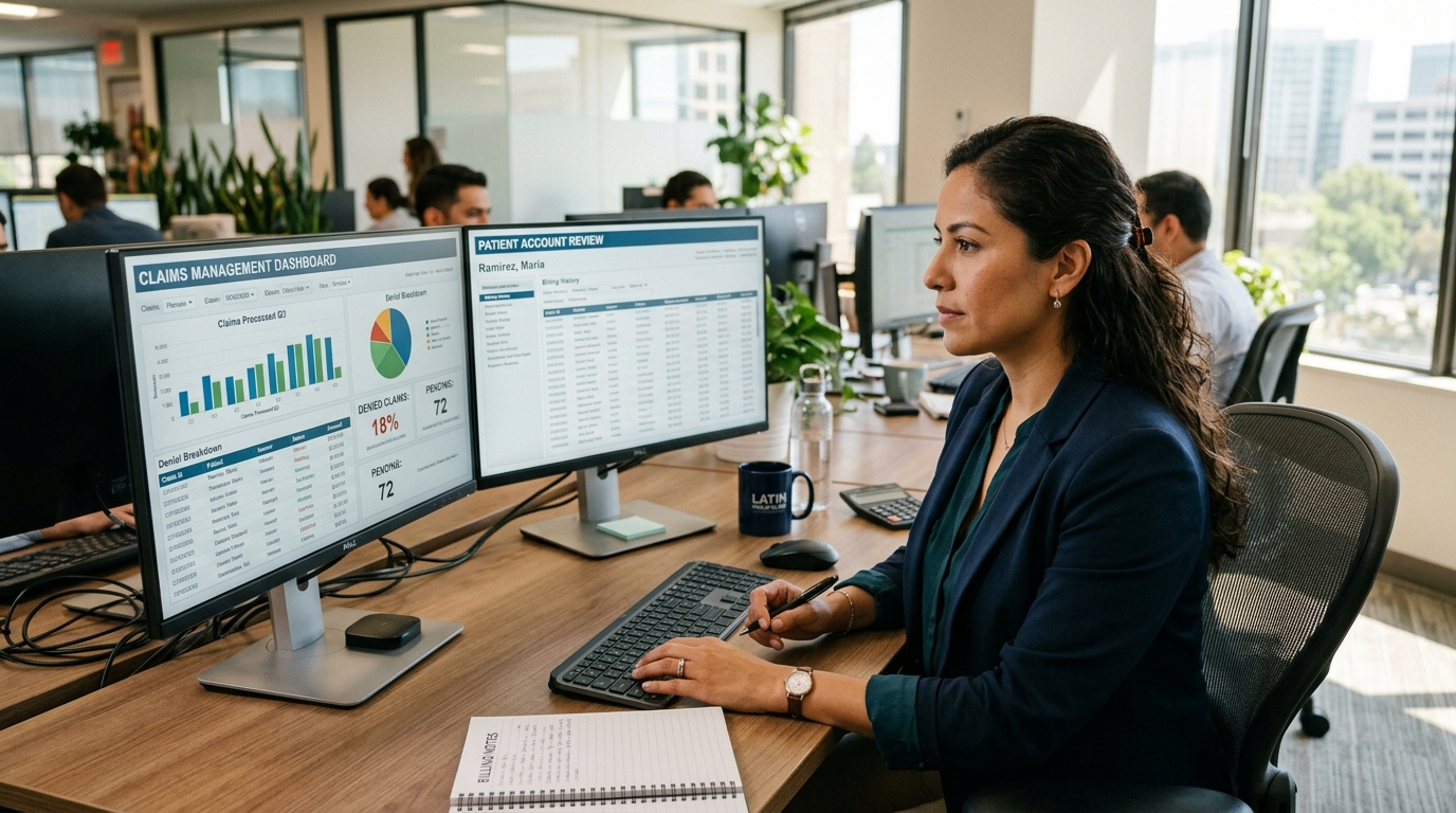 Nearshore medical billing VA reviewing claims dashboard on dual monitors at a Latin American home office