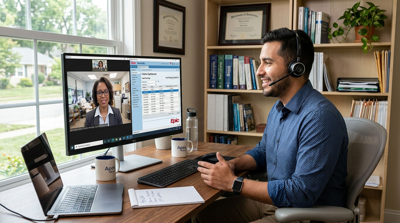 Nearshore medical billing VA on a video call with a US practice manager, reviewing claims in medical billing software