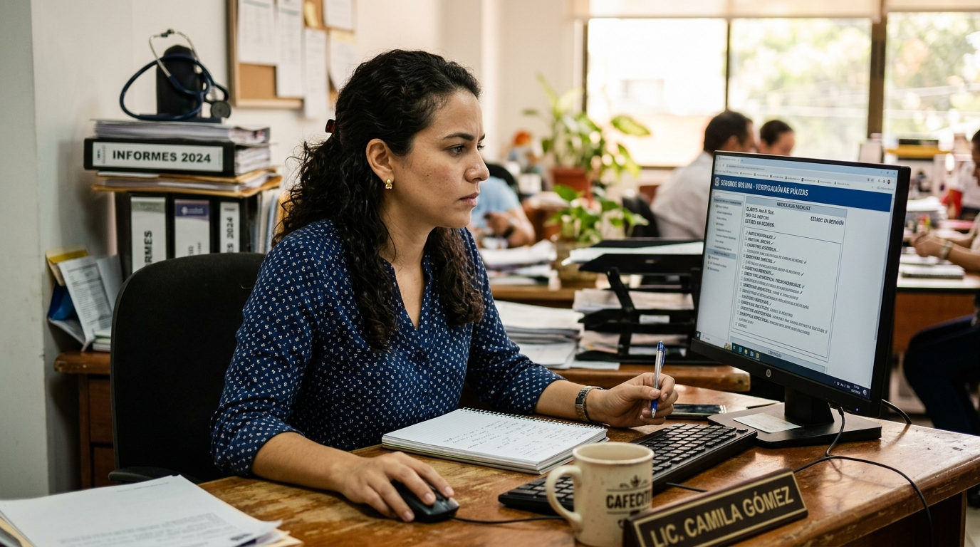 Nearshore insurance verification VA reviewing payer eligibility checklist in medical billing software, Latin America home office