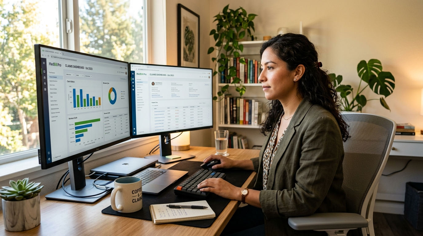 Nearshore medical billing virtual assistant for mental health practices reviewing insurance claims on a dual-monitor workstation in Latin America