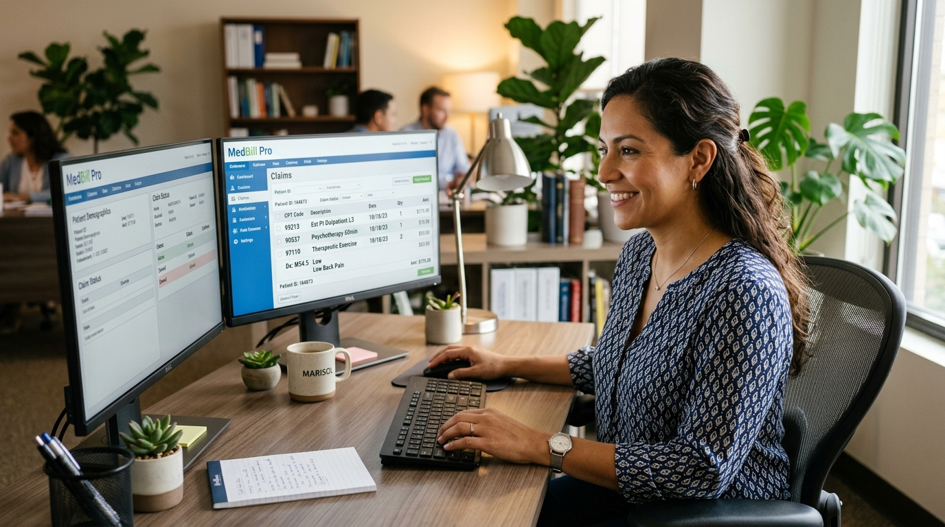 Nearshore medical billing virtual assistant for physical therapy practices reviewing CPT codes on dual monitors in a Latin American home office