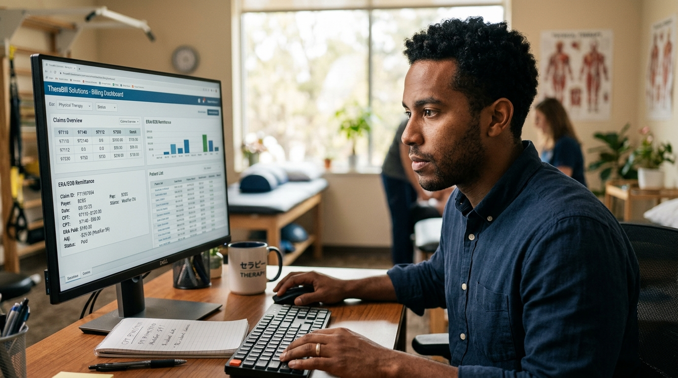 Medical billing virtual assistant for physical therapy reviewing ERA remittance and CPT code dashboard on desktop screen