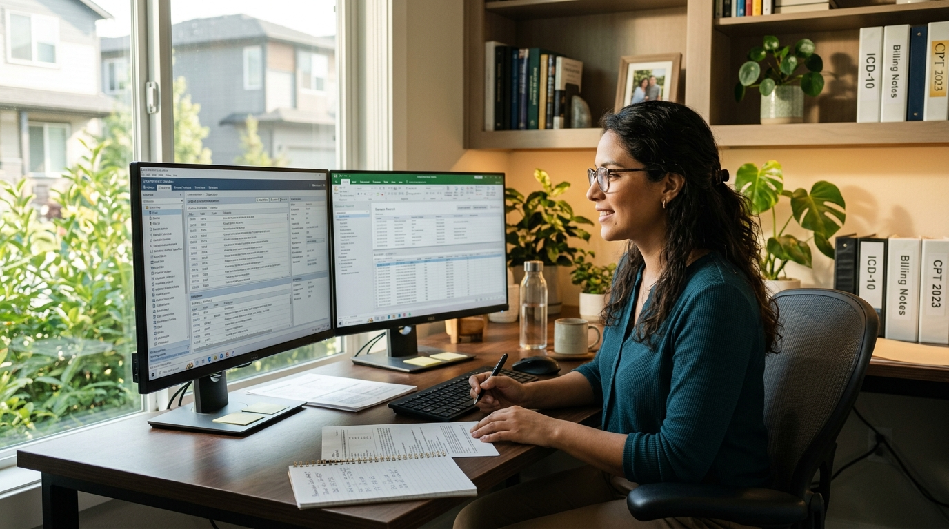 Nearshore medical coding virtual assistant reviewing ICD-10 and CPT codes on dual monitors in a Latin American home office