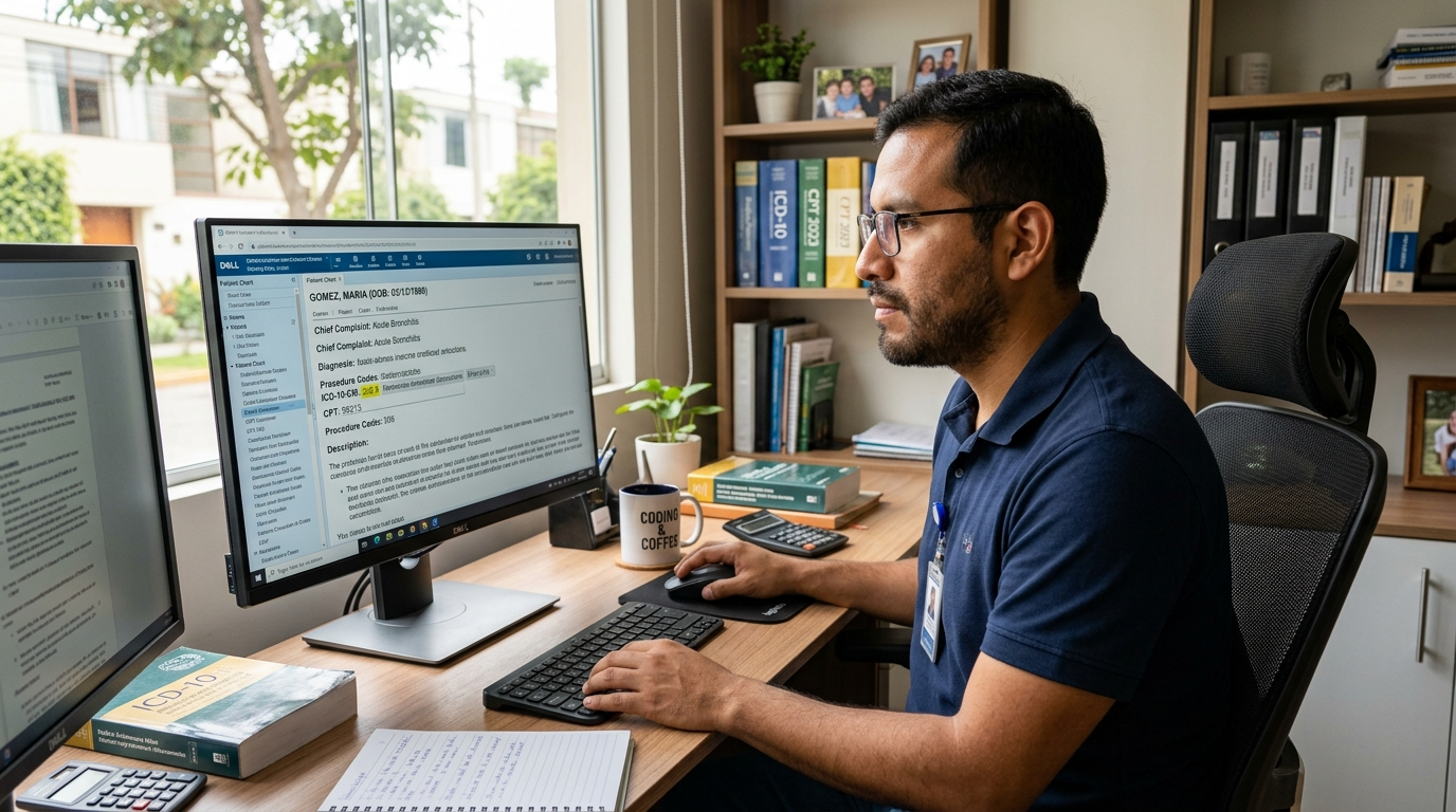 Nearshore medical coding specialist annotating patient encounter records on screen, Latin America home office, natural light