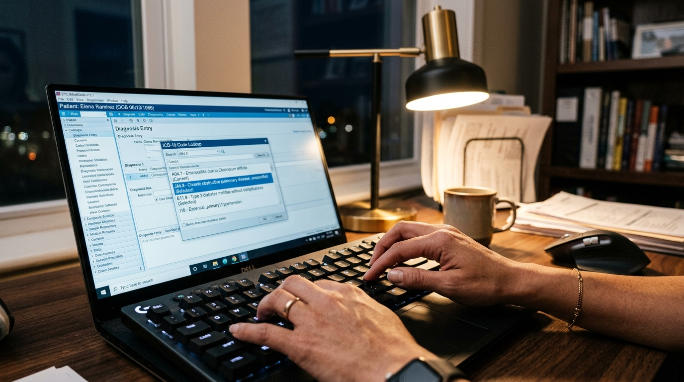 Nearshore medical coder using AI-assisted ICD-10 code lookup in EHR software, close-up of hands on keyboard, desk lamp