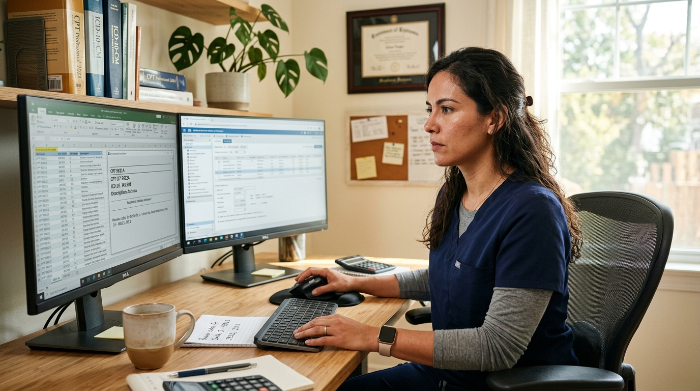 Nearshore Latin American medical coding specialist reviewing ICD-10 claims on dual monitors in a professional home office