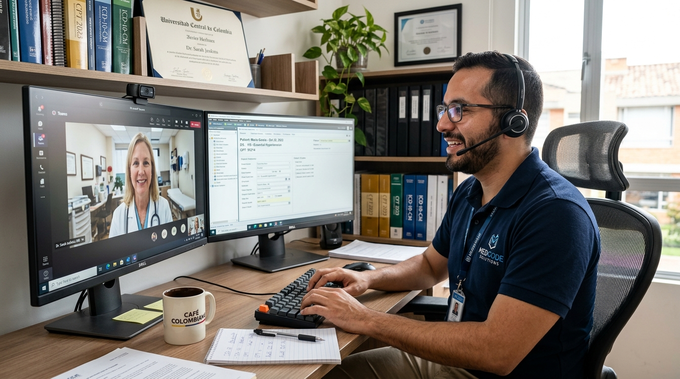 Nearshore Latin American medical coding specialist on a video call with a US healthcare client, EHR visible on screen