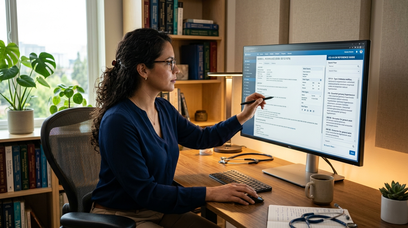 Latin American nearshore medical coder reviewing ICD-10 patient chart documentation on a large monitor in a professional home office
