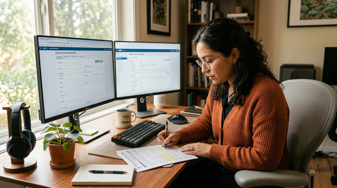 Nearshore medical credentialing virtual assistant reviewing payer enrollment documents on dual monitors at a Latin America home office