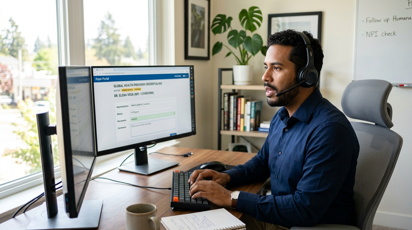 Nearshore credentialing virtual assistant on headset following up with insurance payer while updating enrollment portal
