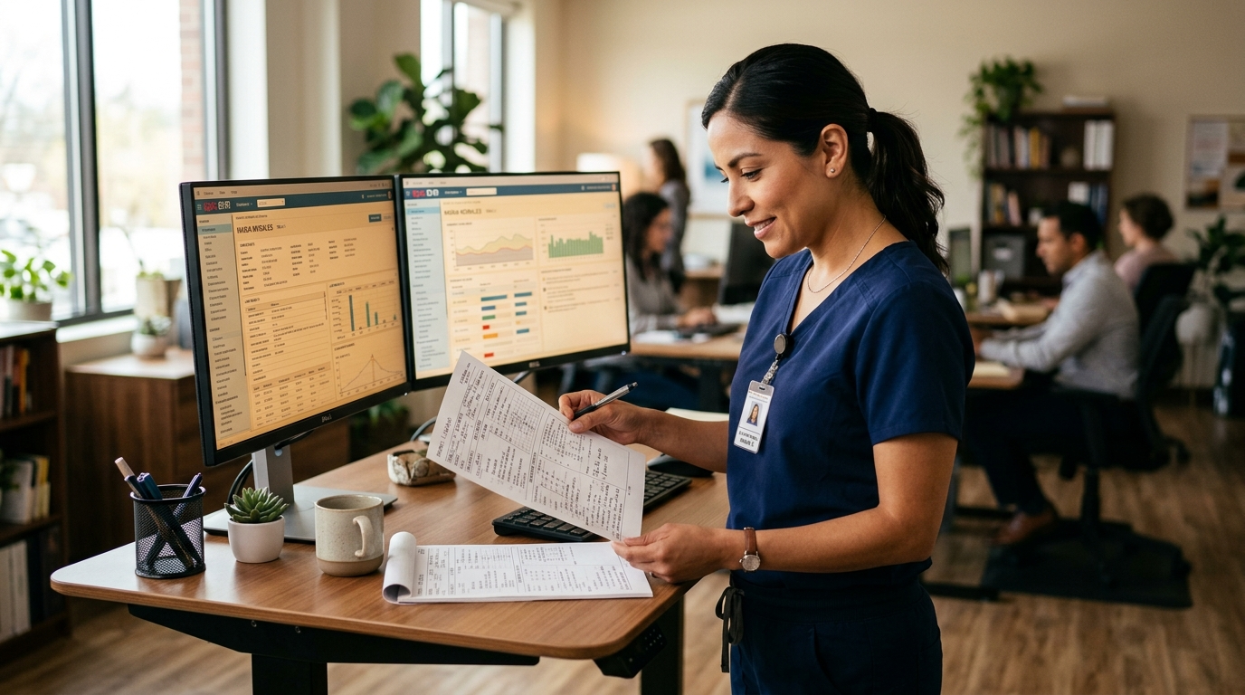 Nearshore medical records virtual assistant reviewing HIPAA-compliant EHR charts on dual monitors in a professional home office